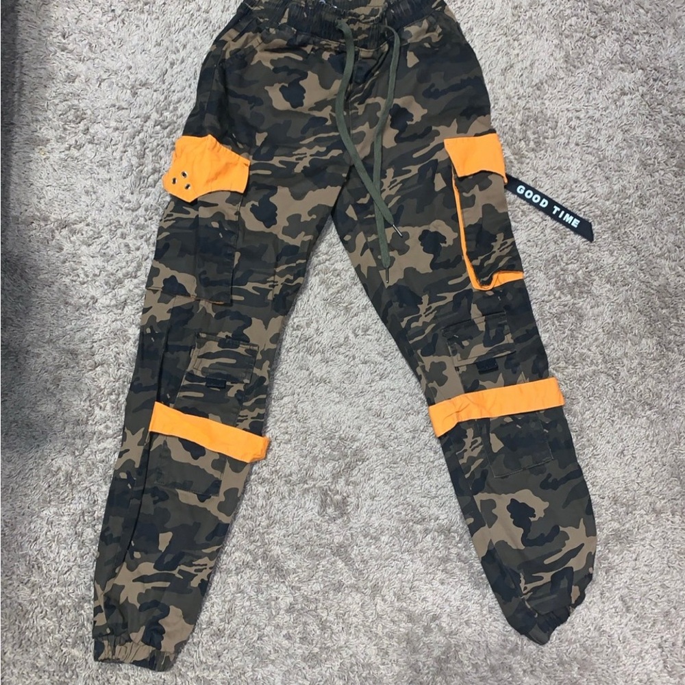 Camouflage Cargo Pants with Orange Accents size small